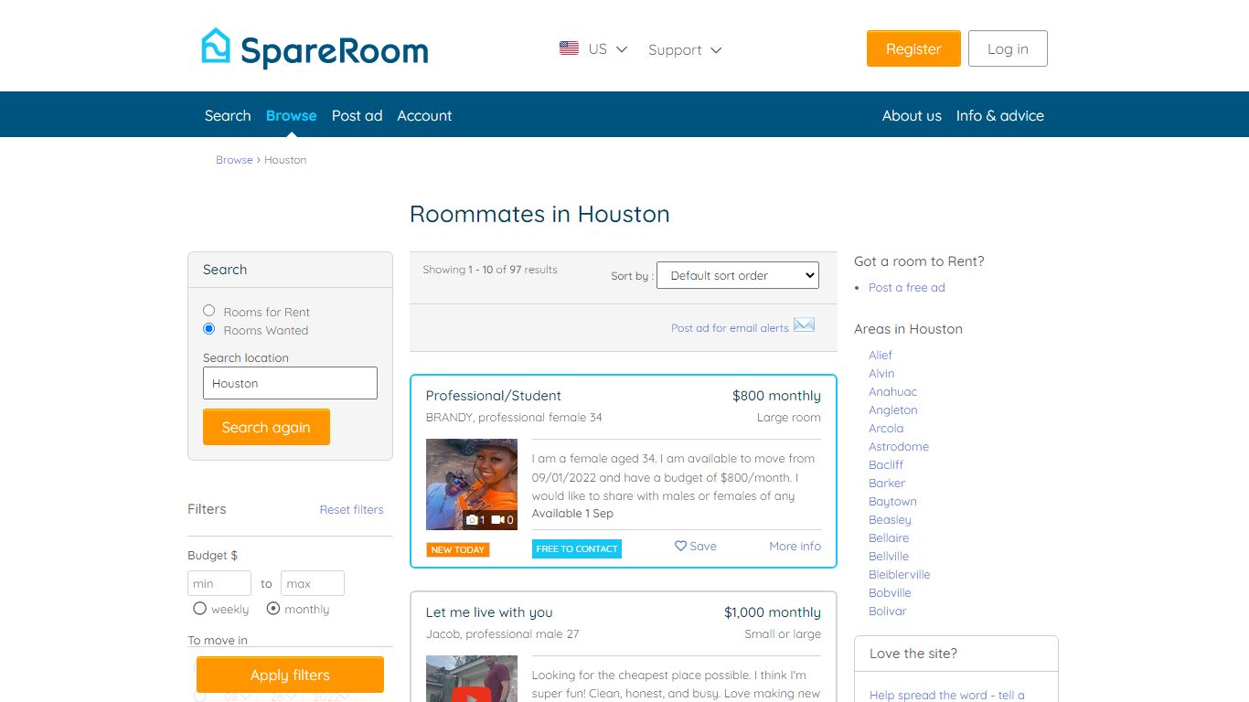 Roommate finder Houston. Roommate wanted? Find roommates in Houston